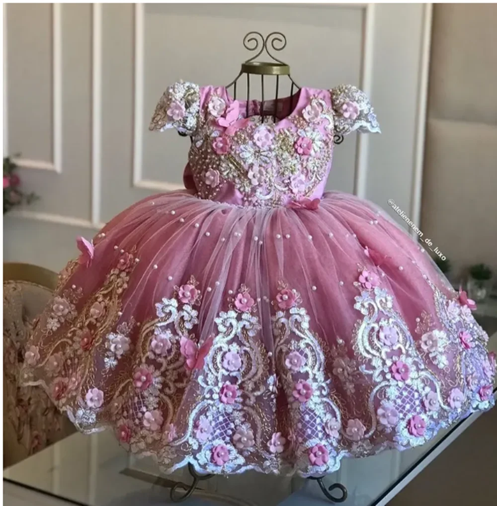 

Pink Appliqued Flower Girl Dresses For Photoshoot Pearls Floral Litter Kids Pageant Gown Birthday Party First Communion Dress