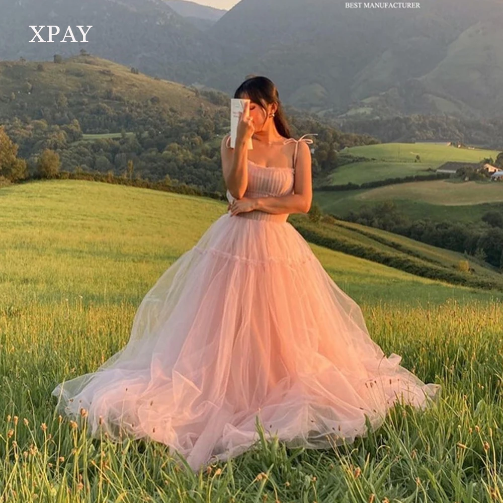 

XPAY Blush Pink Tulle A Line Long Prom Dresses Korea Lady Straps Tiered Princess Evening Gowns Bride Garden Formal Party Dress