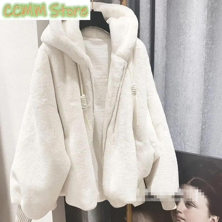 

New Imitation Lambwool Outwear Top White Coat Warm Furry Overcoat Casual Winter Hooded Faux Rabbit Fur Plush Women Jacket