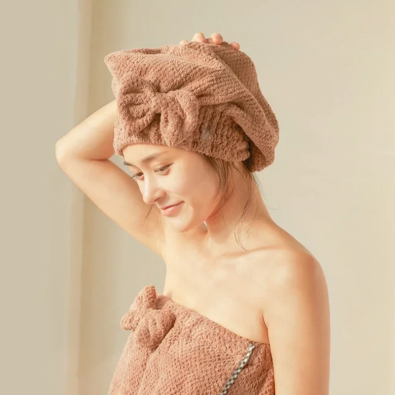 

Coral velvet pineapple grid dry hair cap, Korean cute pullover bow princess hat bath