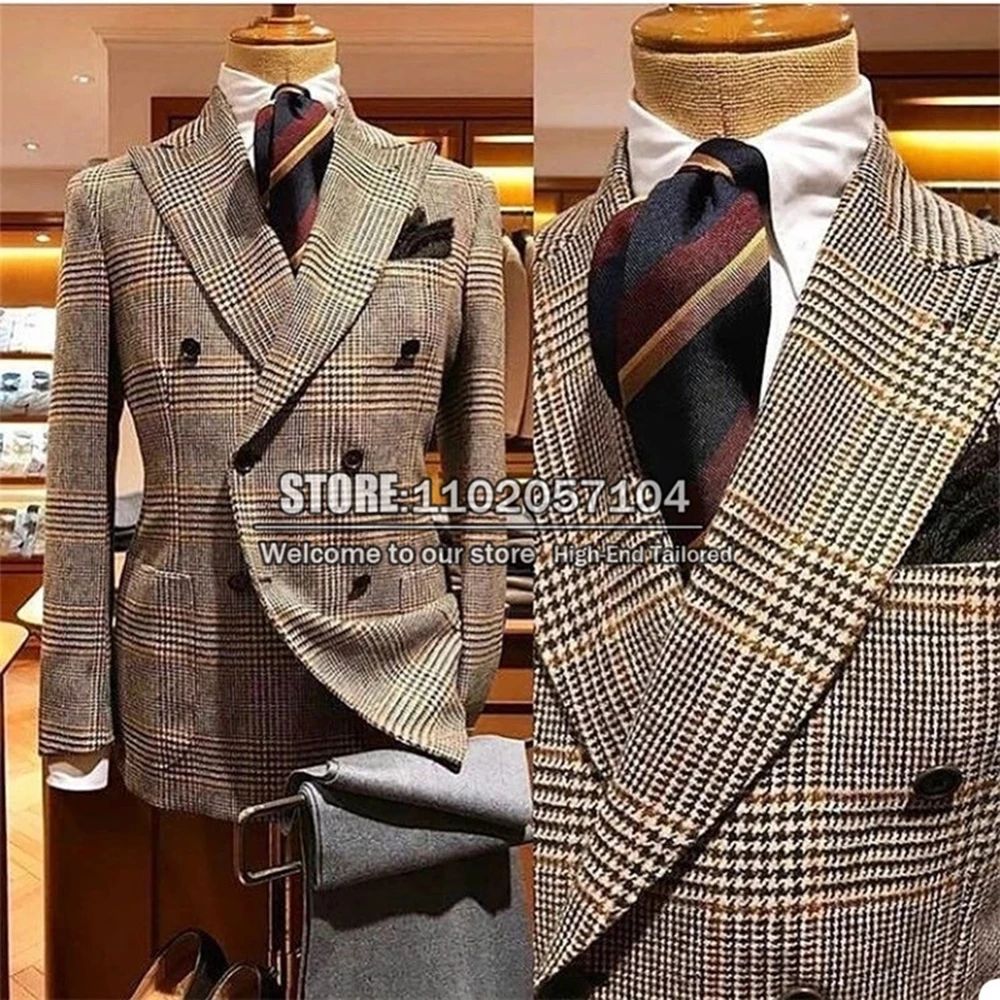 

Tweed Wool Plaid Check Suit Jackets Mens Blazer Formal Party Dress Slim Fit Groom Wear Double Breasted Houndstooth Coat Tuxedo