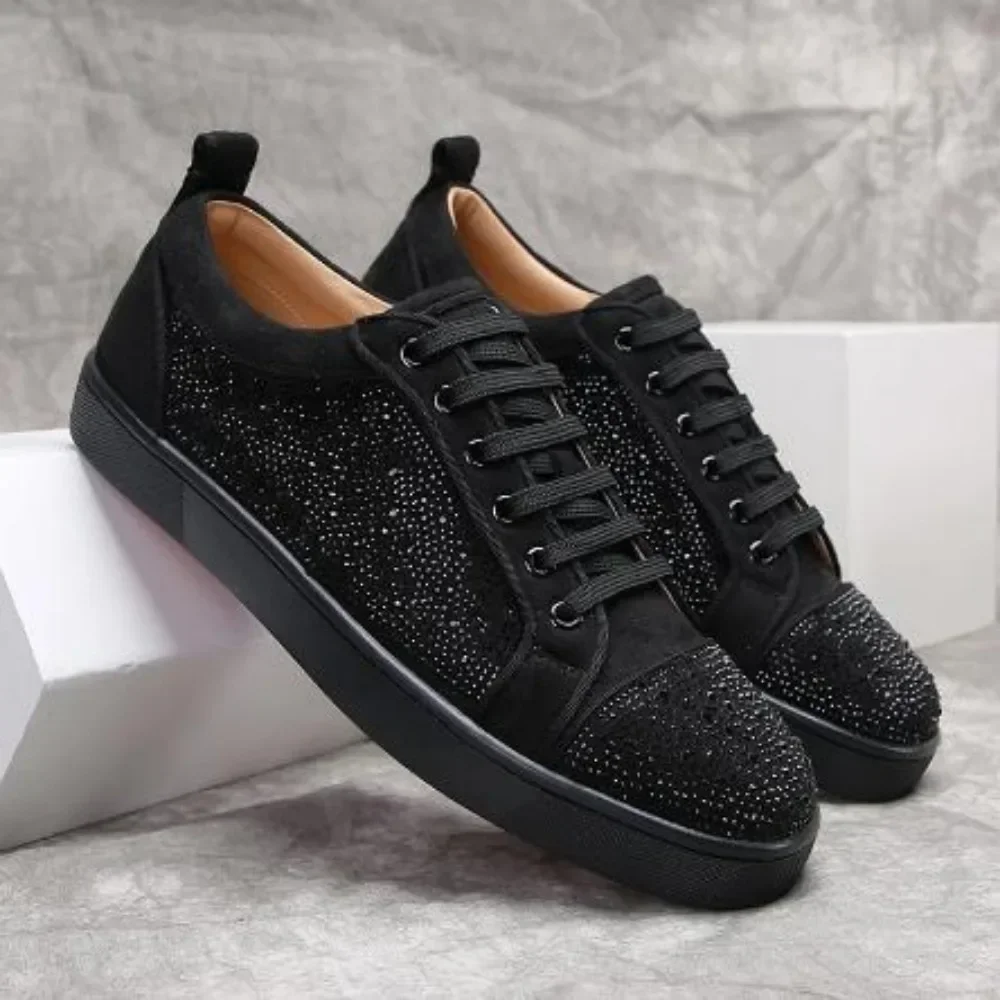 

Luxury Brands Black Crystal Leather Red Bottoms Low Top Shoes For Men's Casual Flats Loafers Women's Popular Rhinestone Sneakers