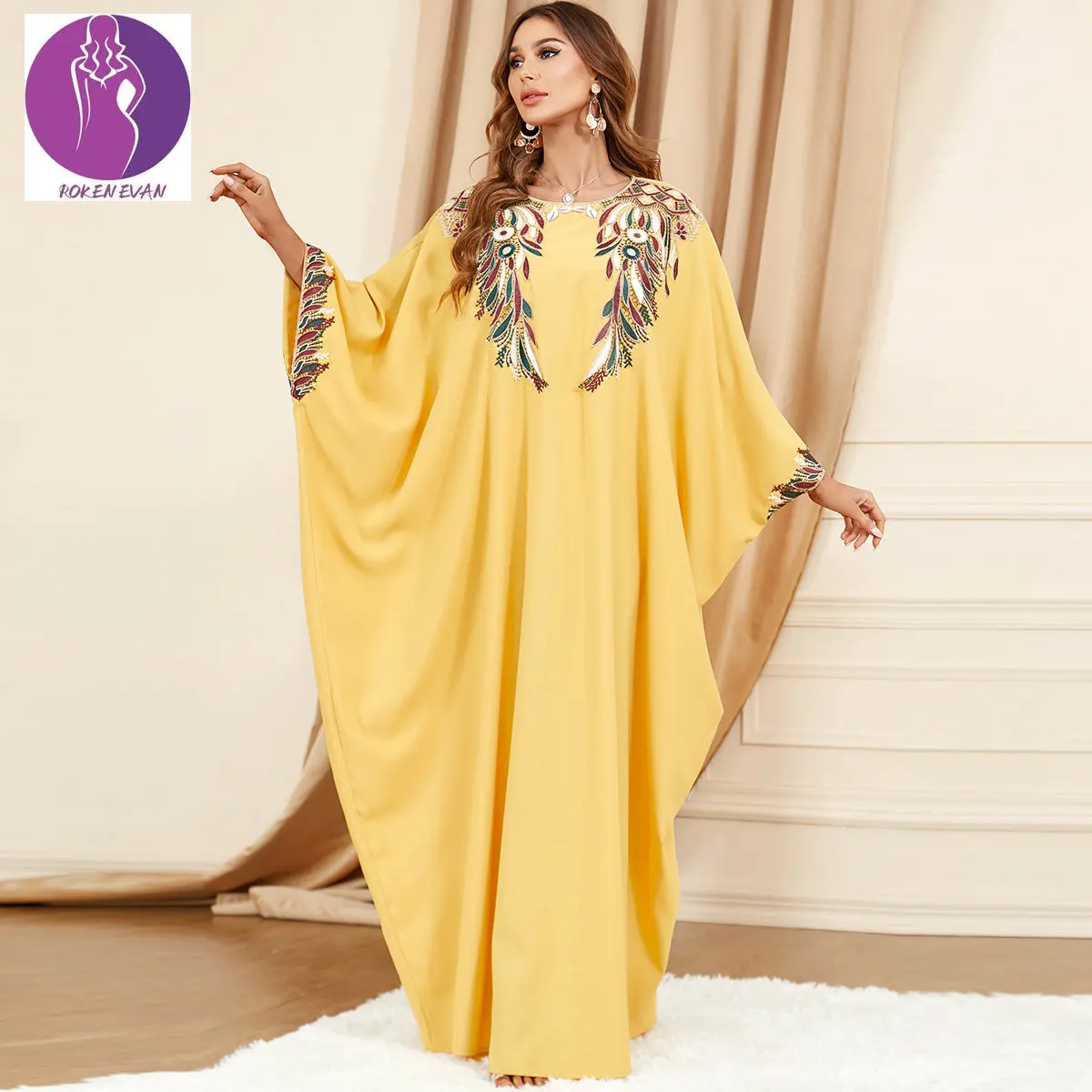 

ROKEN EVAN 2023 Muslim Hijab Dress Kaftan ملابس اسلاميه ABAYA Yellow Ramdam Eid Mubark Lady Dress