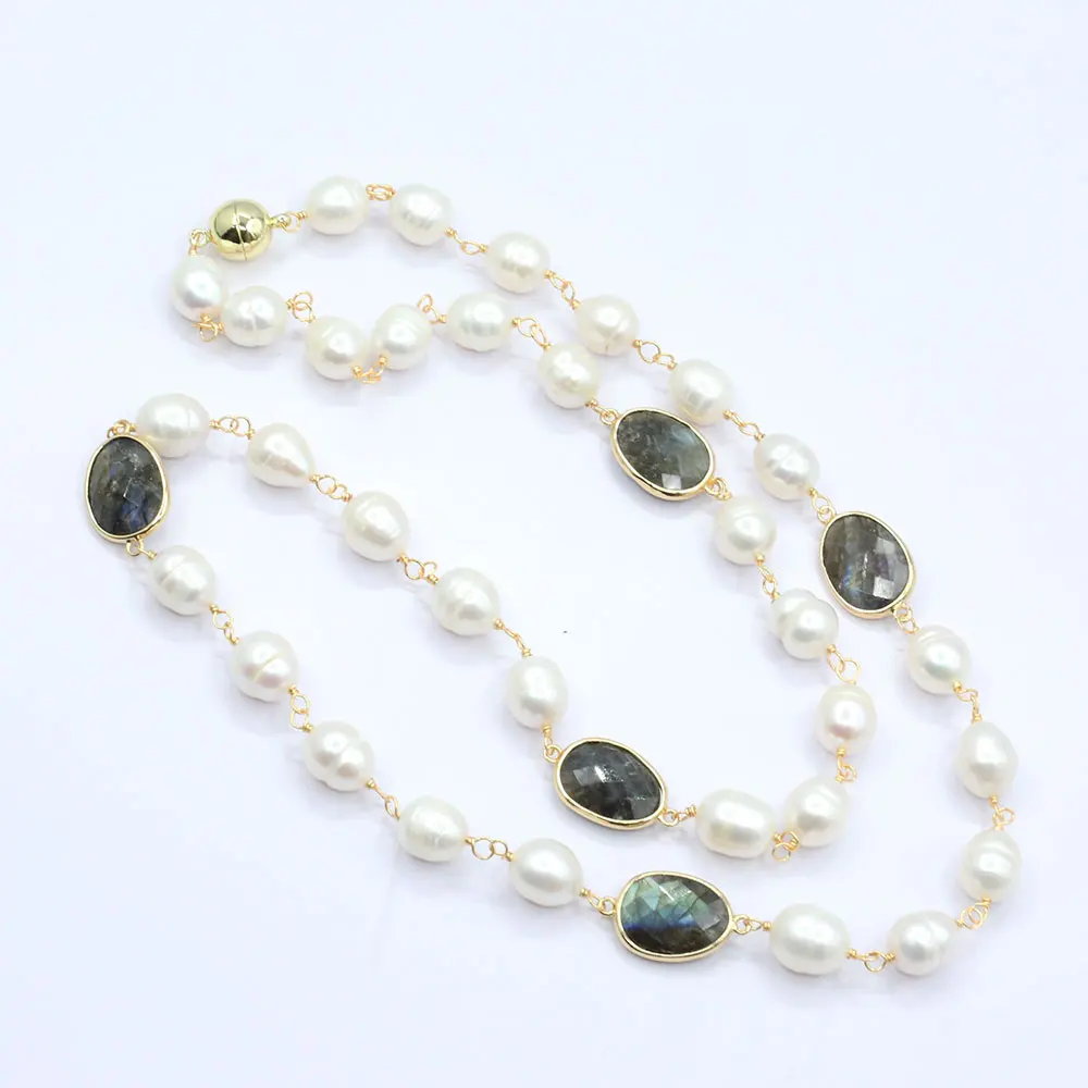 Long Necklace White Rice Freshwater Pearl Rosary Labradorite Bezel Set sweater chain Necklace
Long Necklace White Rice Freshwater Pearl Rosary Labradorite Bezel Set sweater chain Necklace