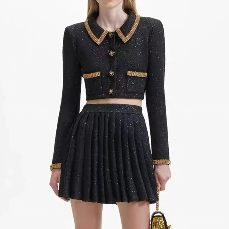 Cropped Top and Skirt 2 Piece Sets Women Outfit Luxury Designer Sequins Short Sweater Cardigan and Mini Skirts Sets Y2k Clothing
Cropped Top and Skirt 2 Piece Sets Women Outfit Luxury Designer Sequins Short Sweater Cardigan and Mini Skirts Sets Y2k Clothing