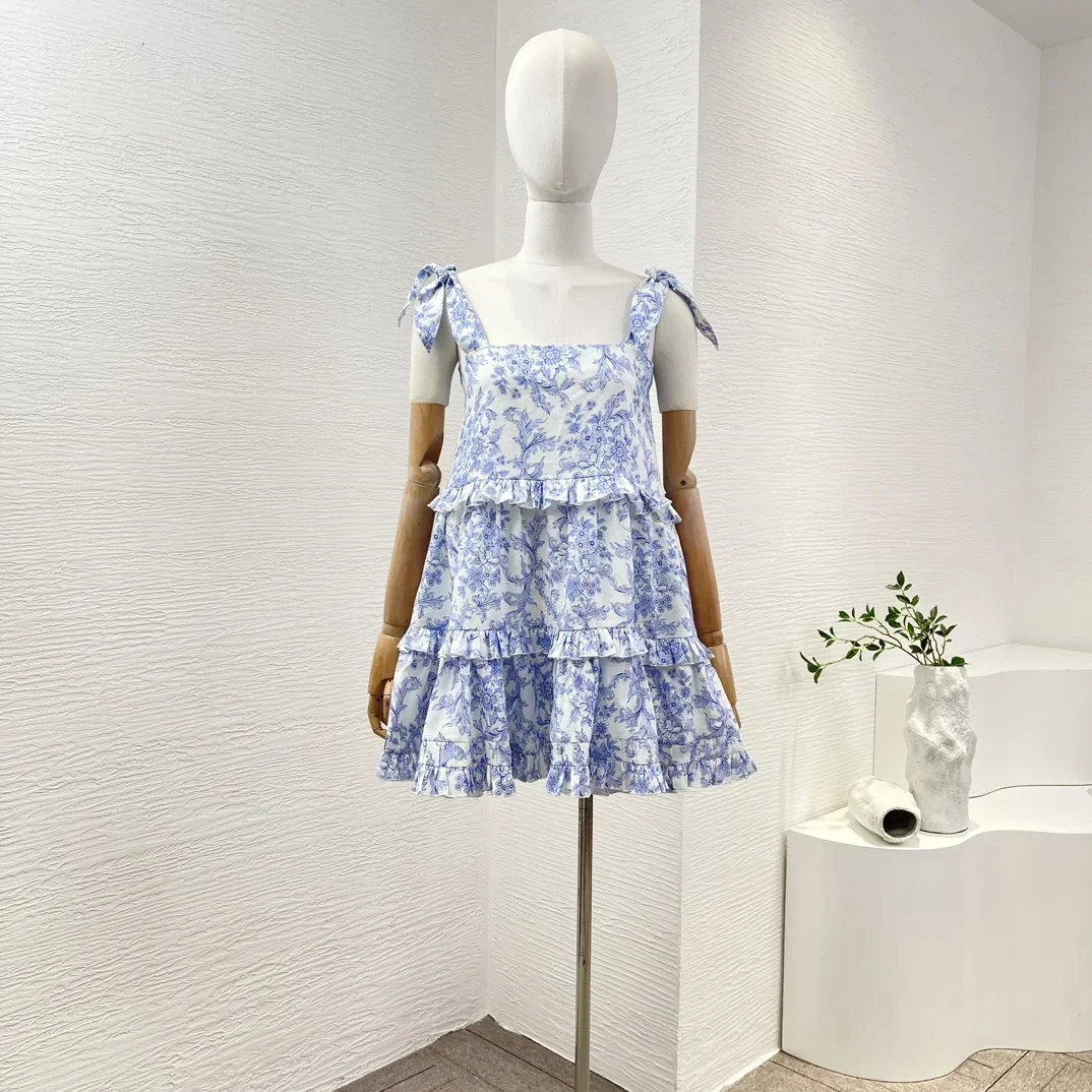 

2024 New High Quality Blue Frilled Ruffles Sleeveless Floral Print Sweet Women Mini Dress for Holiday