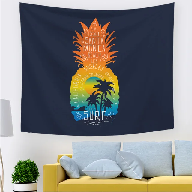 

Summer Beach Wall Tapestry Pineapple Hanging Beach Sea Waves Blue Tapestries White Tapestry Hippie Home Decoration Warm Colour