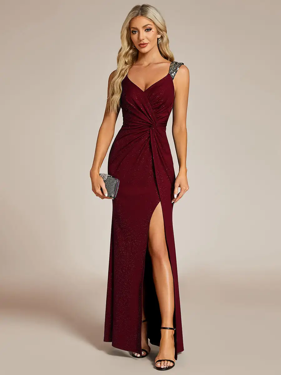 

Elegant Evening Glitter Deep V-Neck High Slit Sequin Shoulder Strap 2024 Ever Pretty of Shiny Burgundy Bridesmaid dress