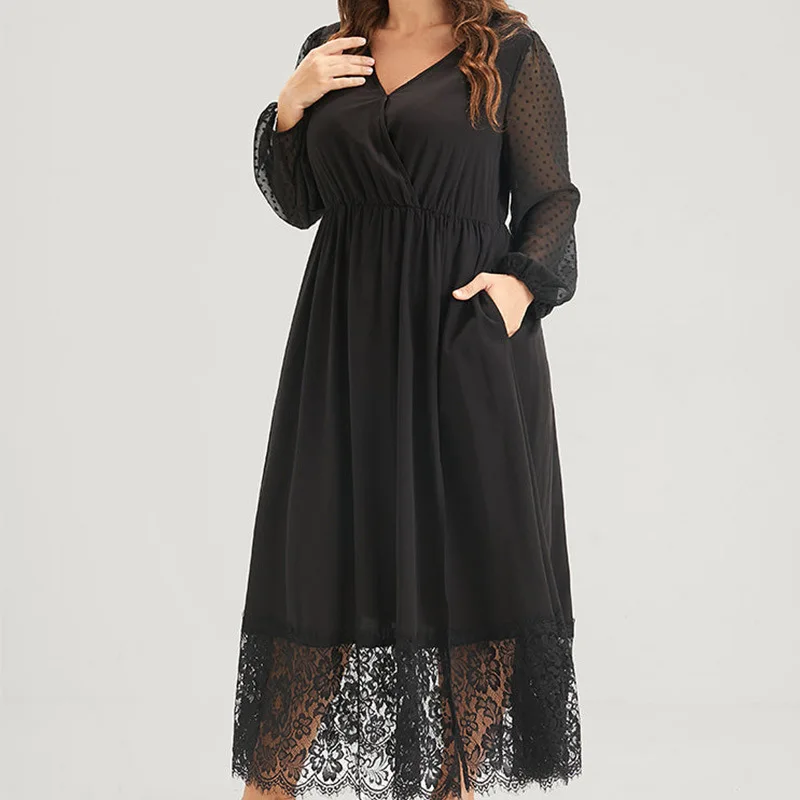 Plus Size Knit Splicing Dresses 2024 New Fashion Lace Temperament Elegant Black Dress V-Neck Long Sleeve Evening Party Dresses
Plus Size Knit Splicing Dresses 2024 New Fashion Lace Temperament Elegant Black Dress V-Neck Long Sleeve Evening Party Dresses