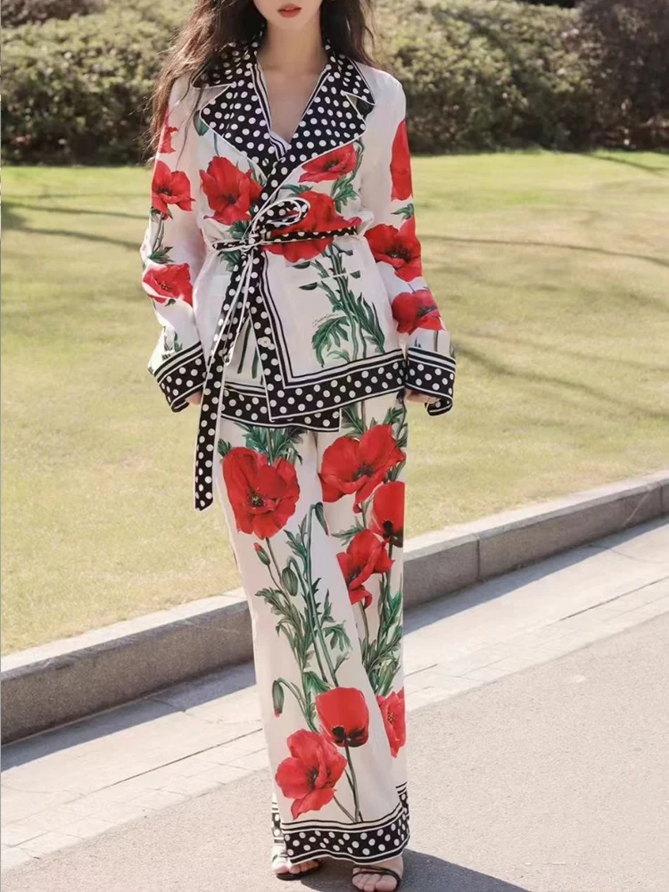Spring 2023 leisure fashion lapel long-sleeved blouse printed lace-up shirt+high waist wide-leg trousers women's two-piece suit
Spring 2023 leisure fashion lapel long-sleeved blouse printed lace-up shirt+high waist wide-leg trousers women's two-piece suit