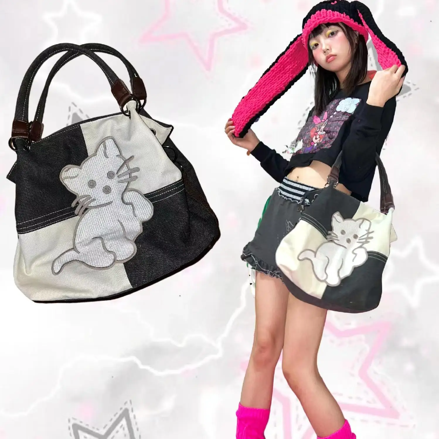 Japanese Cartoon Cat Y2k Aesthetic Cool Women Handbags Patchwork Contrast Color Shoulder Bags Shopper Sweet Canvas Hand Bags
Japanese Cartoon Cat Y2k Aesthetic Cool Women Handbags Patchwork Contrast Color Shoulder Bags Shopper Sweet Canvas Hand Bags
