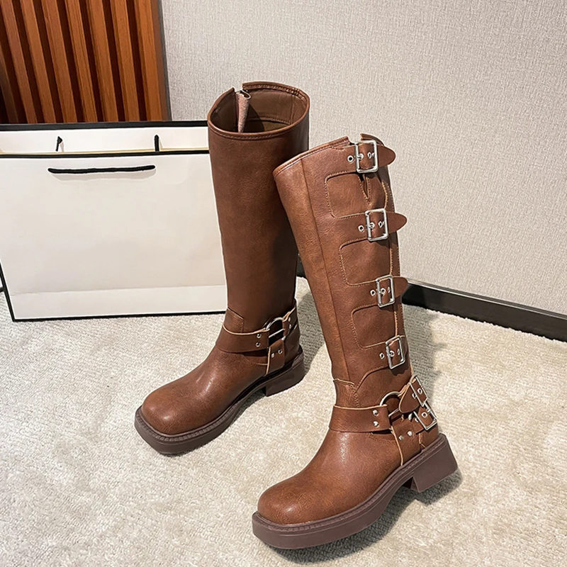 Metal Buckles Up Low Chunky Heels Women Knee High Boots Thick Sole Round Toe Mid Calf Booties Slip On Brown Shoes
Metal Buckles Up Low Chunky Heels Women Knee High Boots Thick Sole Round Toe Mid Calf Booties Slip On Brown Shoes