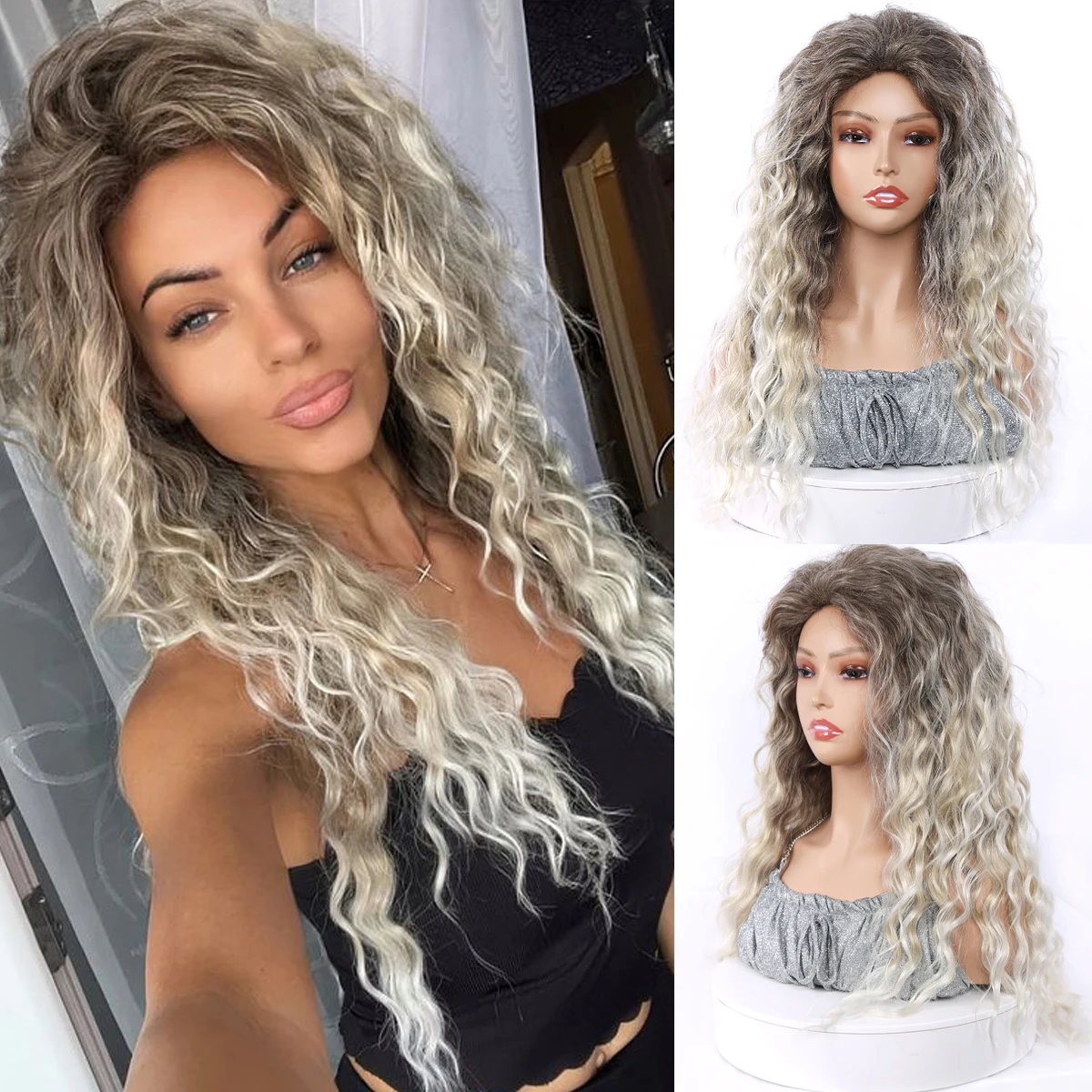 

Synthetic Women Wig Long Curly Hair Ash Blonde Wig Female Natural Wavy Dark Root Regular Wig 80s Brown Ombre Wig for Woman Girl