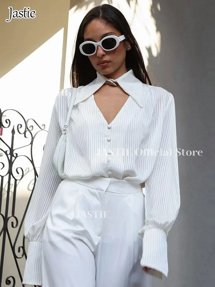 Jastie White Jacquard Sexy Women Streak Shirts Lapel Cutout Single-Breasted Blouses And Tops Office Ladies Pink Stripe 2023
Jastie White Jacquard Sexy Women Streak Shirts Lapel Cutout Single-Breasted Blouses And Tops Office Ladies Pink Stripe 2023