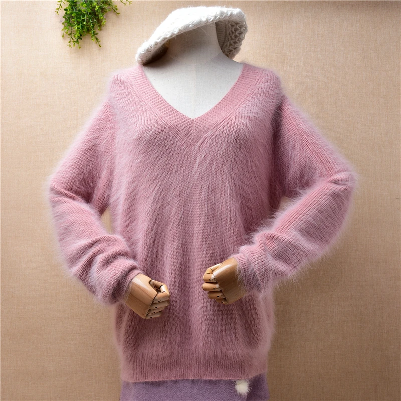 Ladies Women Fall Winter Clothing Pink Hairy Angora Rabbit Hair Knitted V-Neck Long Sleeves Loose Pullover Jumper Sweater Pull
Ladies Women Fall Winter Clothing Pink Hairy Angora Rabbit Hair Knitted V-Neck Long Sleeves Loose Pullover Jumper Sweater Pull
