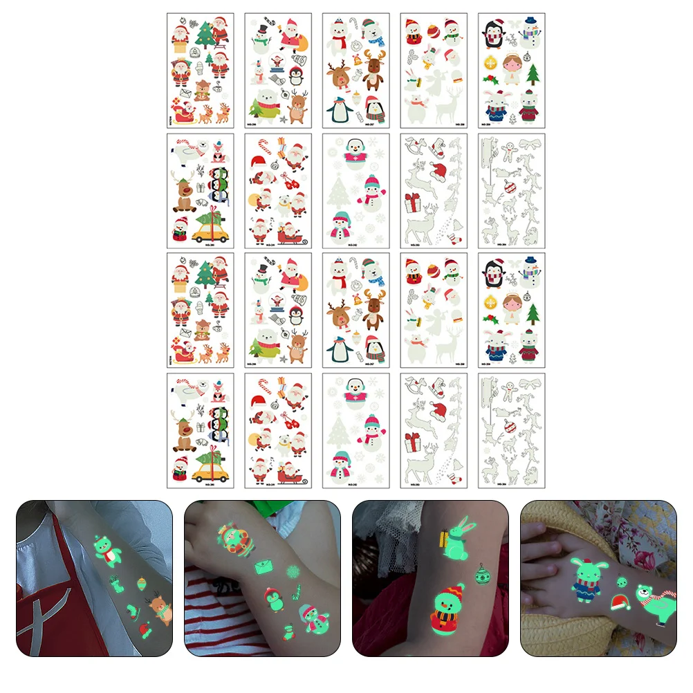 

20 Sheets Christmas Tattoos Sticker Xmas Luminous Decals Snowman Temporary Glow in The Dark Tattoos Fluorescent for Holiday