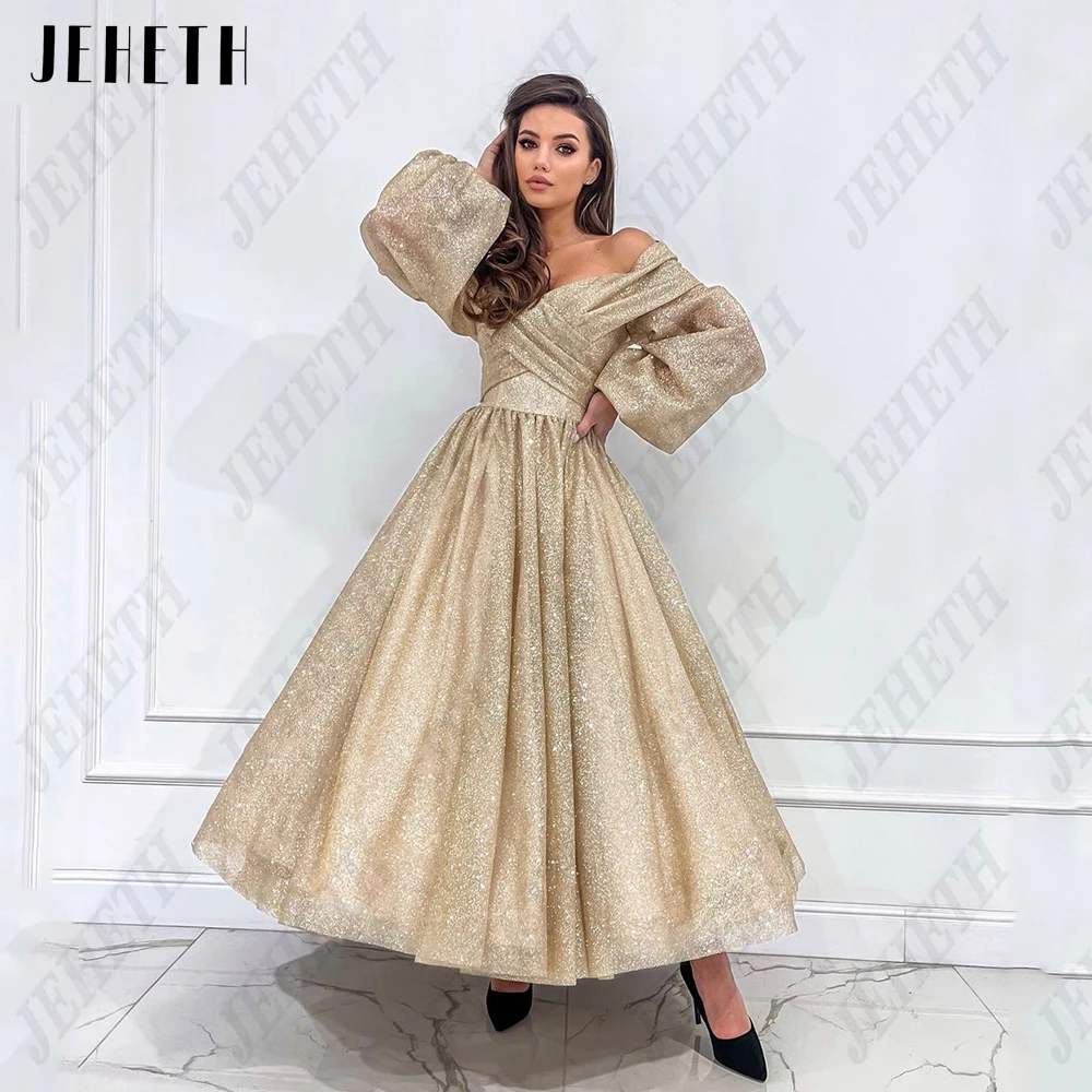 JEHETH Champagne Puff Sleeves Prom Gowns Glitter Off Shoulder V-Neck Evening Dresses Shiny Tulle A-Line vestidos de graduación
JEHETH Champagne Puff Sleeves Prom Gowns Glitter Off Shoulder V-Neck Evening Dresses Shiny Tulle A-Line vestidos de graduación