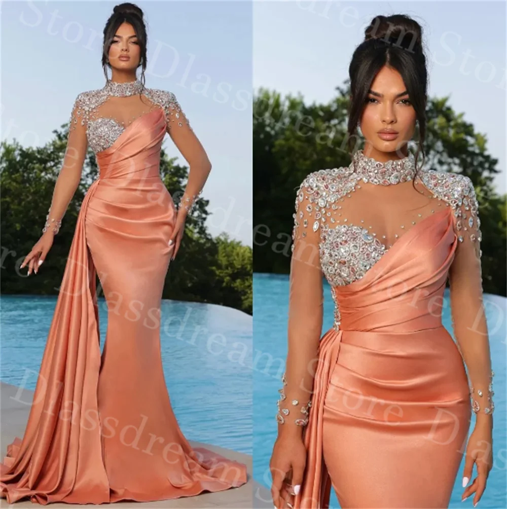 

Gorgeous Coral Mermaid Evening Dresses Beaded High Collar Party Prom Dress Long Sleeves Vestidos De Fiesta Elegantes 2024