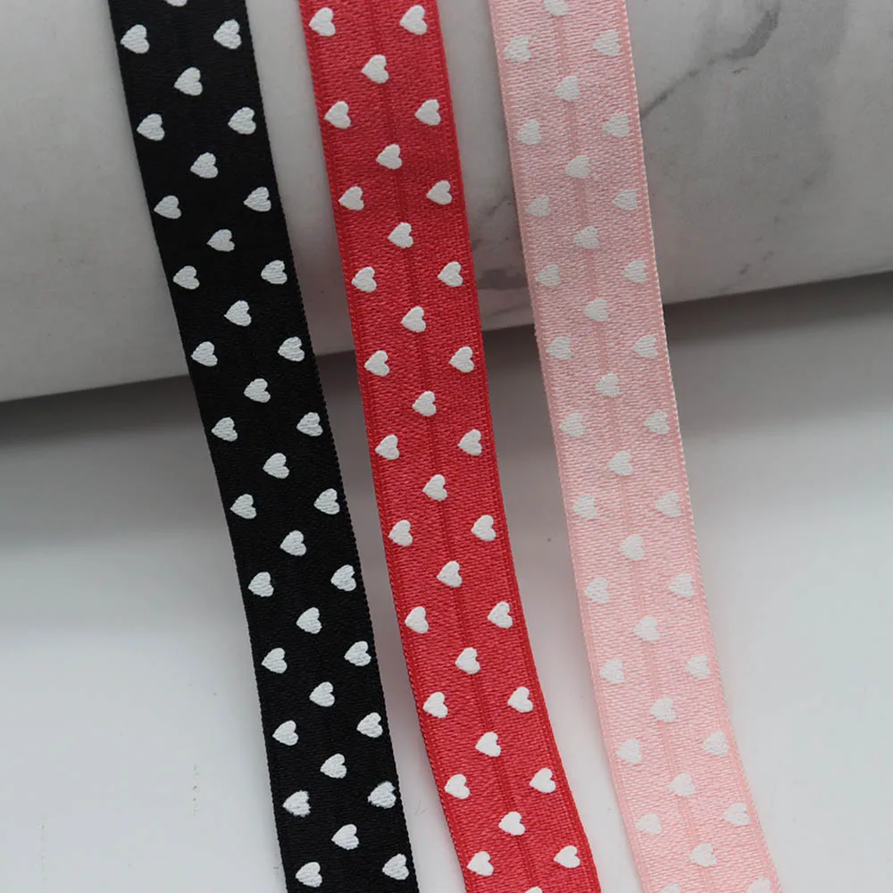 

5/8" 15MM White Ink Polka Heart Printed Fold Over Elastic FOE Ribbon For Hair Tie DIY Headwear Sewing Supplies