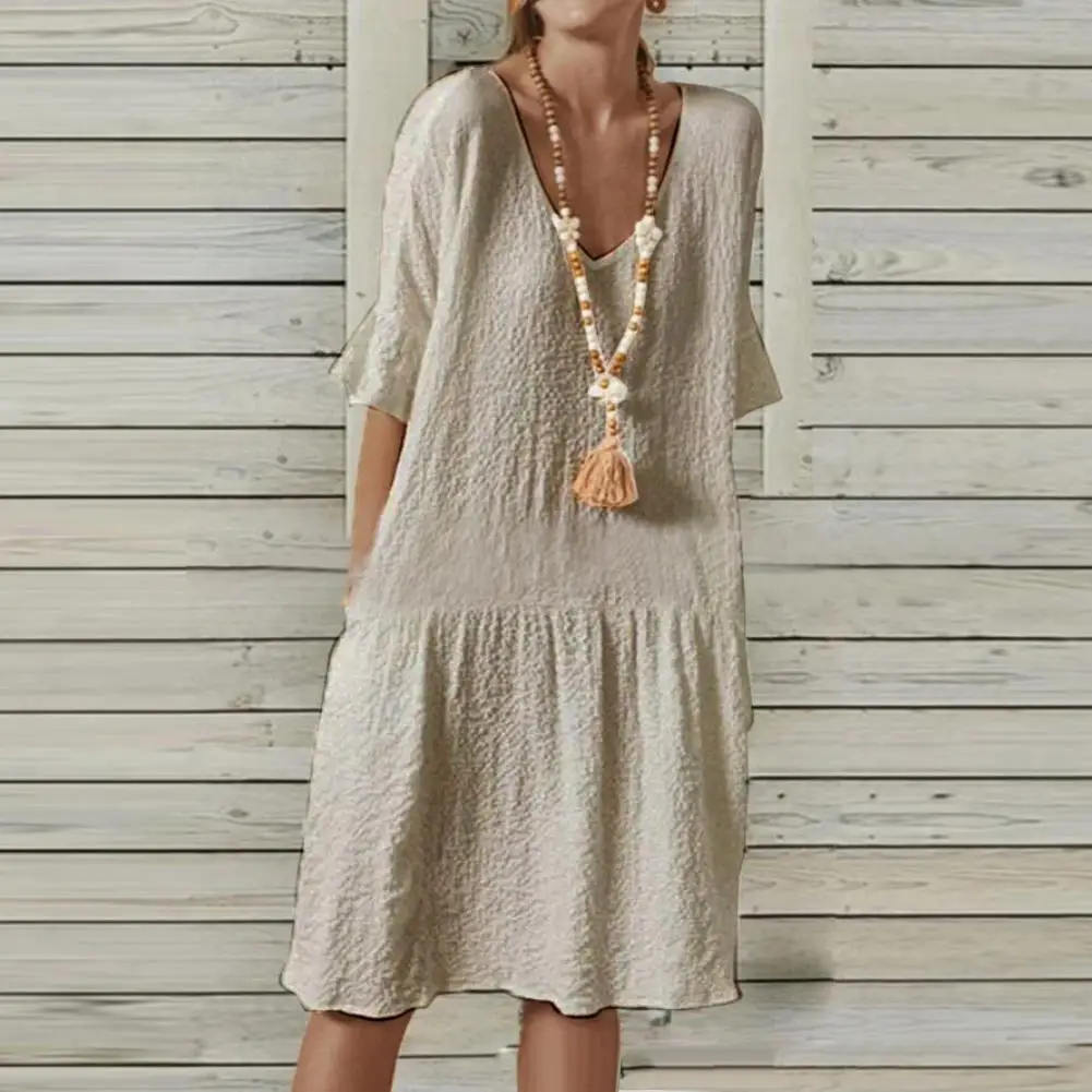 Mid-sleeve Dress Elegant V Neck A-line Midi Dress for Women Breathable Knee Length Wear Soft Solid Color Half Sleeves Summer
Mid-sleeve Dress Elegant V Neck A-line Midi Dress for Women Breathable Knee Length Wear Soft Solid Color Half Sleeves Summer