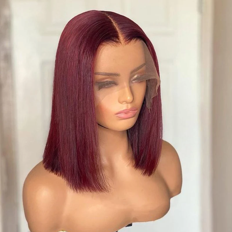 

Ombre Burgundy 99j Soft Short Bob Silky Straight 180%Density Lace Front Wig for Black Women BabyHair Glueless Preplucked Daily