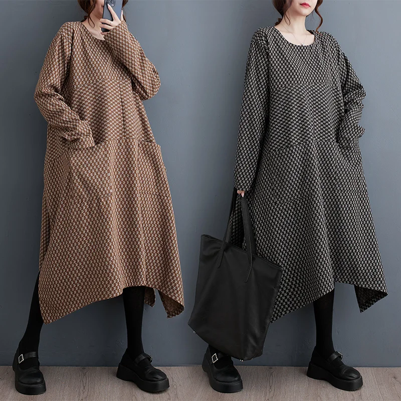 

#6819 Black Khaki Asymmetrical A-line Dress Long Sleeve Printed Midi Dress Women Pockets Retro Vestido Casual Autumn Winter 2023