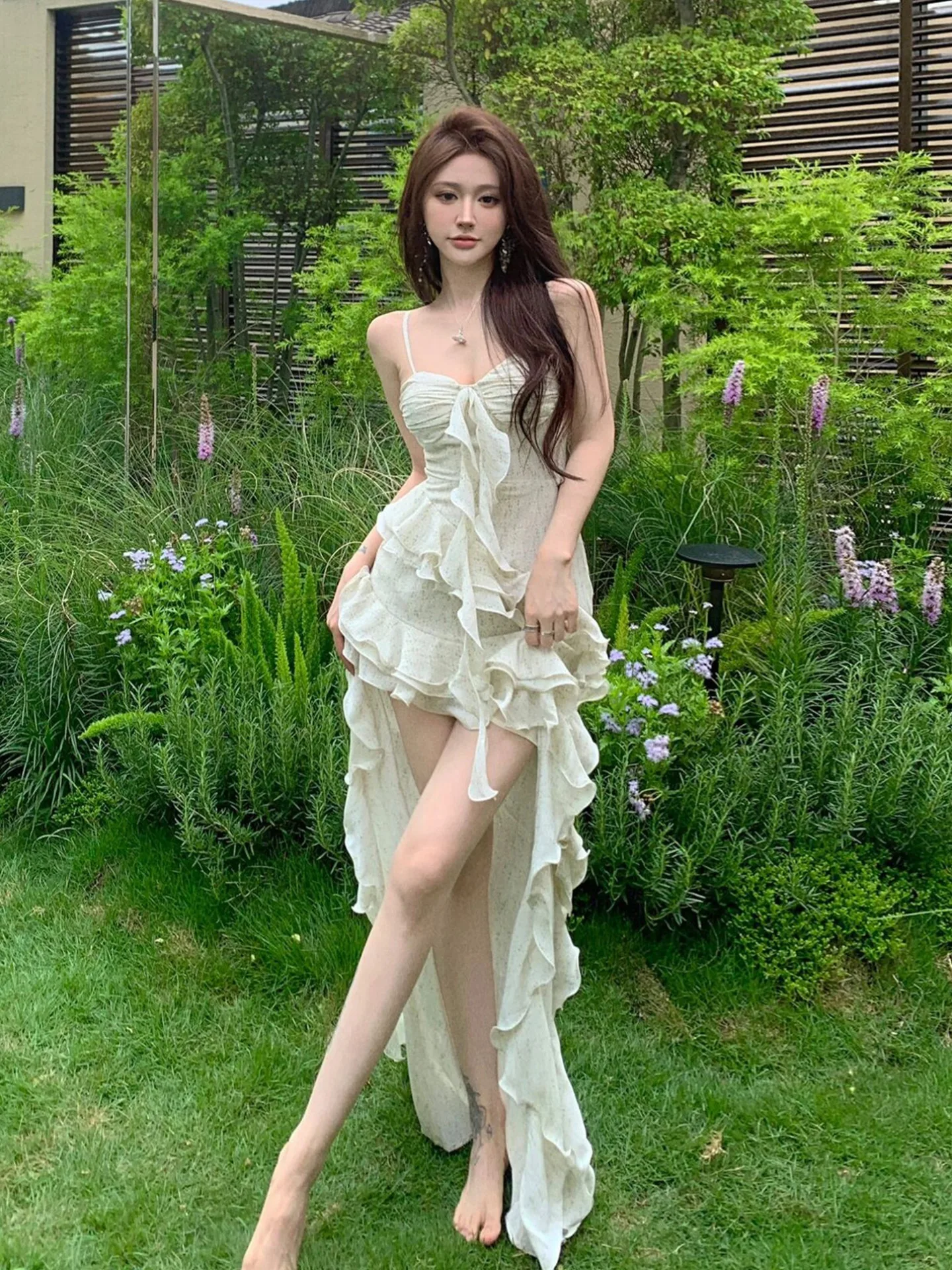 

French ruffled irregular camisole dress fairy summer temperament pure desire wind seaside vacation beach skirt long skirt