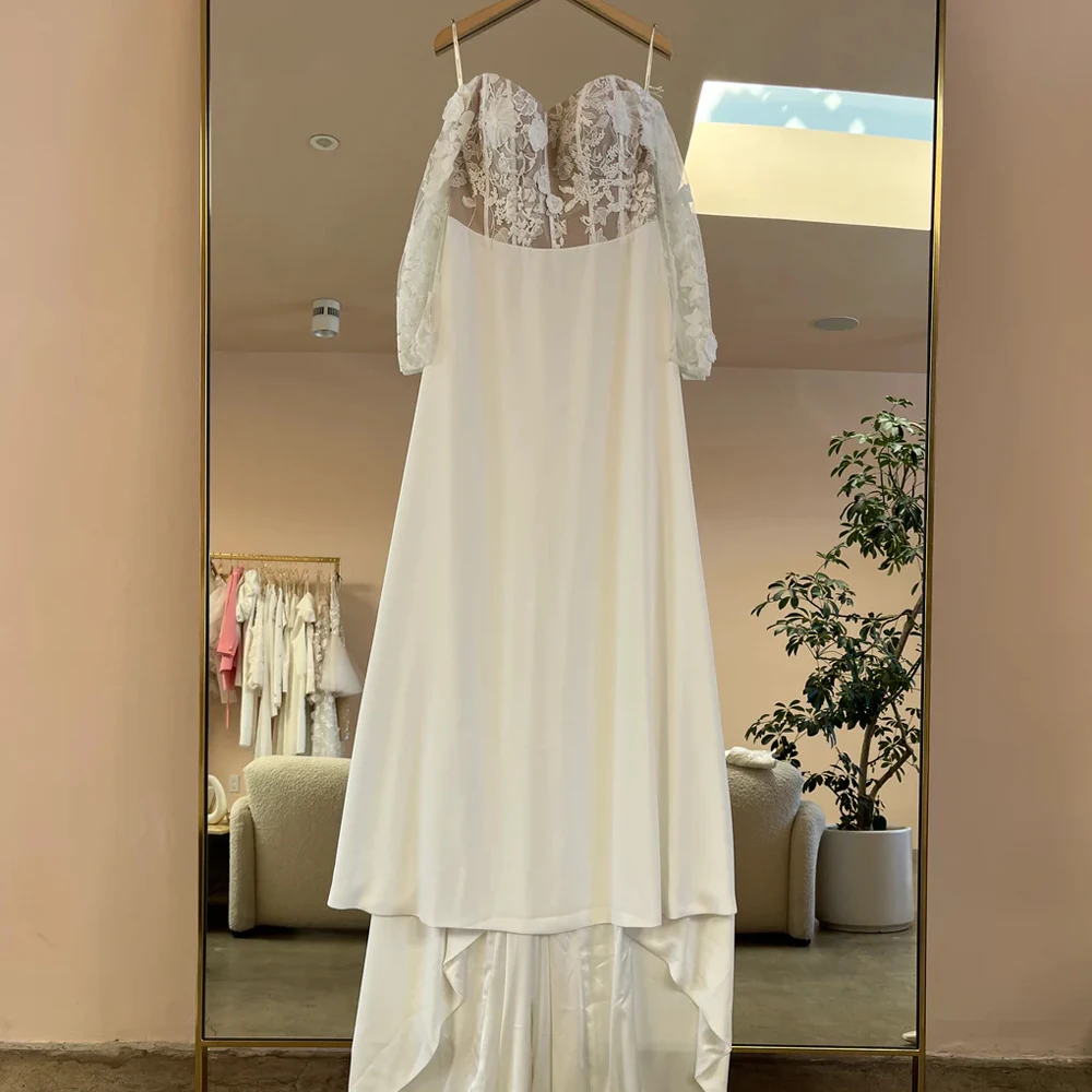 

Elegant Off Shoulder Wedding Dresses Boat Neck Sleeves Bridal Gowns Appliques Sweep Train A-Line Illusion свадебное платье 2023