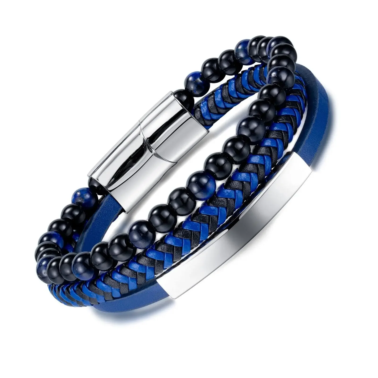 

CHUANGCHENG Blue-Black Weaving Combined Multi-Layered Beaded Handmade Woven Leather Men Bracelet Charm Bracelet