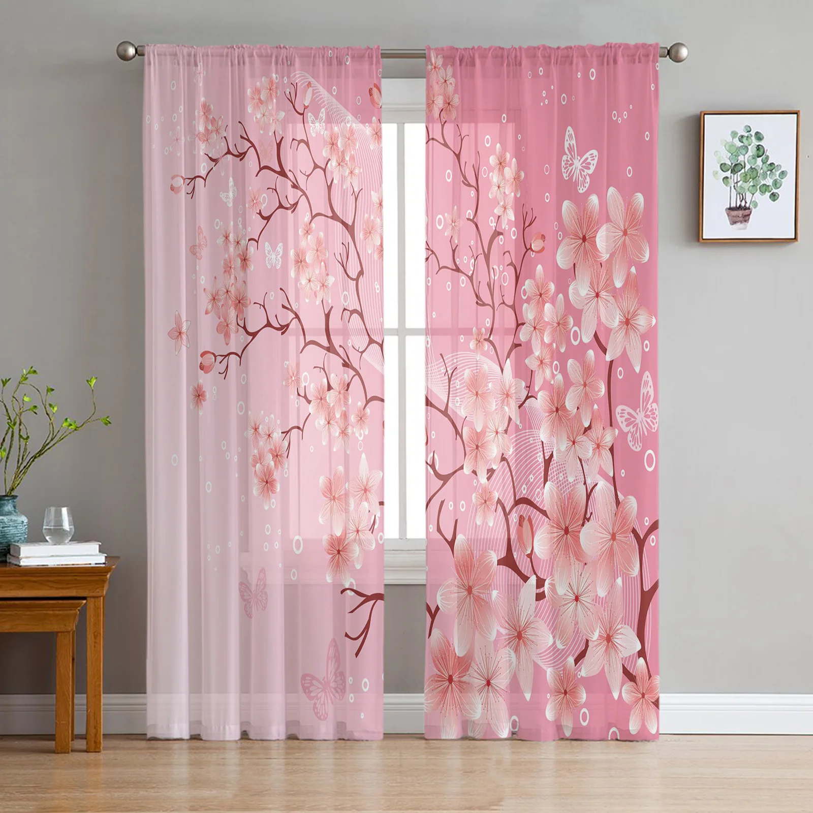 

Cherry Blossom Butterfly Pink Tulle Curtains For Living Room Bedroom Voile Curtain Home Decoration Sheer Balcony Door Curtain