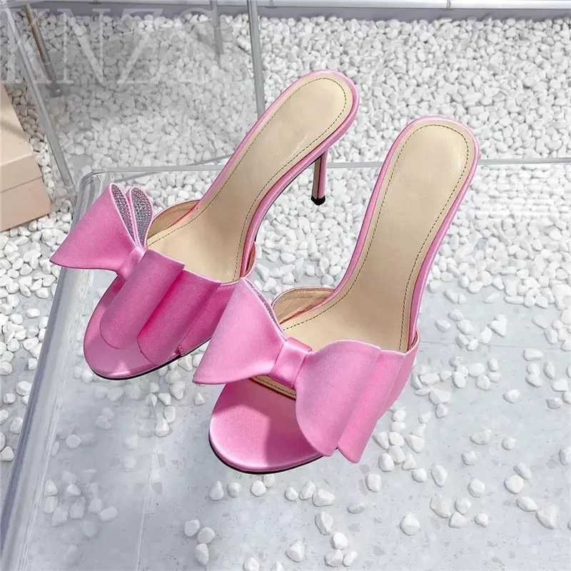 

Summer New Round Toe Open Toe Fashion Thin Heel Women Sexy High Heels Concise Fashion Butterfly Knot Decor Party Dress Slippers