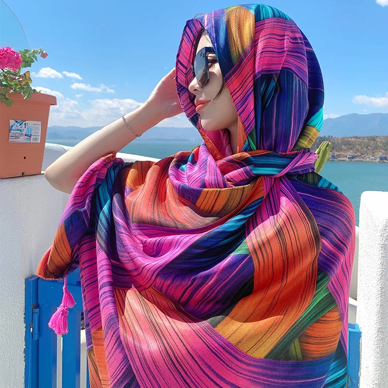 

Women Beach Sunscreen Scarf Bohemia Print Summer Hijab Wraps Female Oversized Muslim Headband Shawls All-Match Travel Scarves