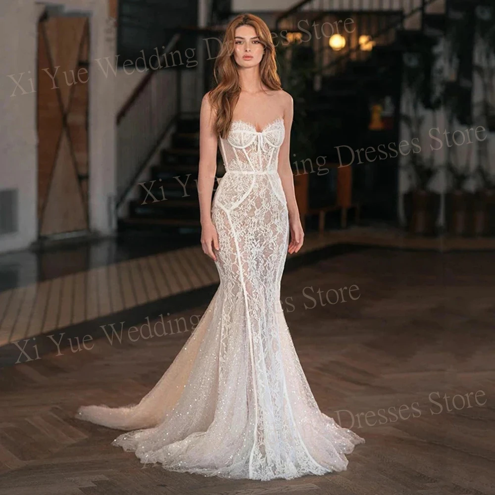 

Sexy Graceful Mermaid Wedding Dresses Lace Appliques Backless Bride Gowns Strapless Sleeveless Vestidos De Novia Formal Party