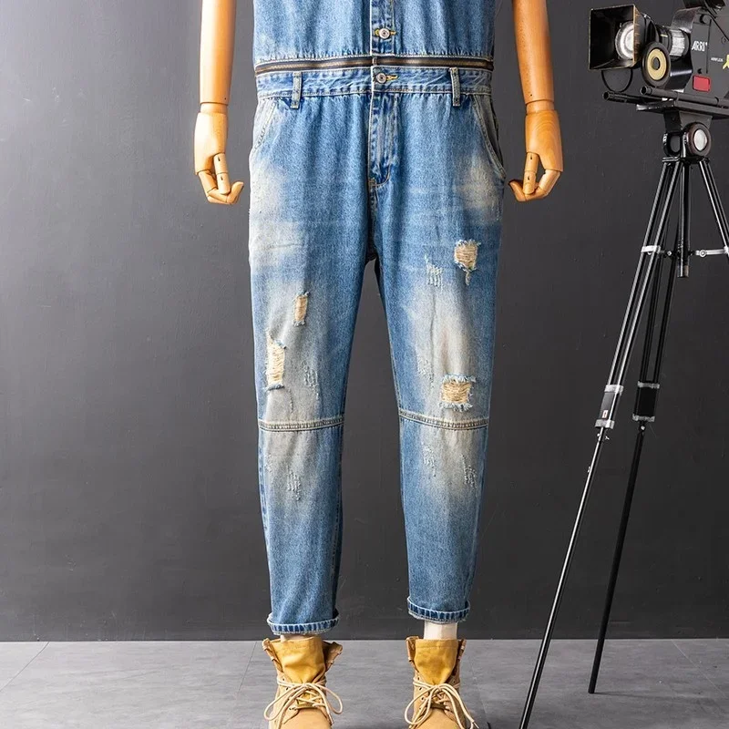

Hip Mens Hop One Piece Denim Jumpsuit Short Sleeve Zipper Waist Hole Ripped Jeans Vintage Safari Style Slim Cargo Pants Overalls