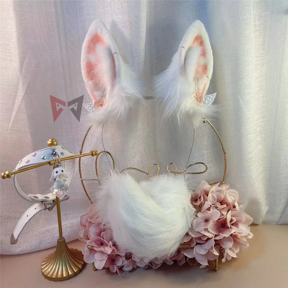 

New Handmade Work White Bunny Rabbit Ears Hairhoop Tail Necklace Earrings Cosplay Lolita Acessories Headwear