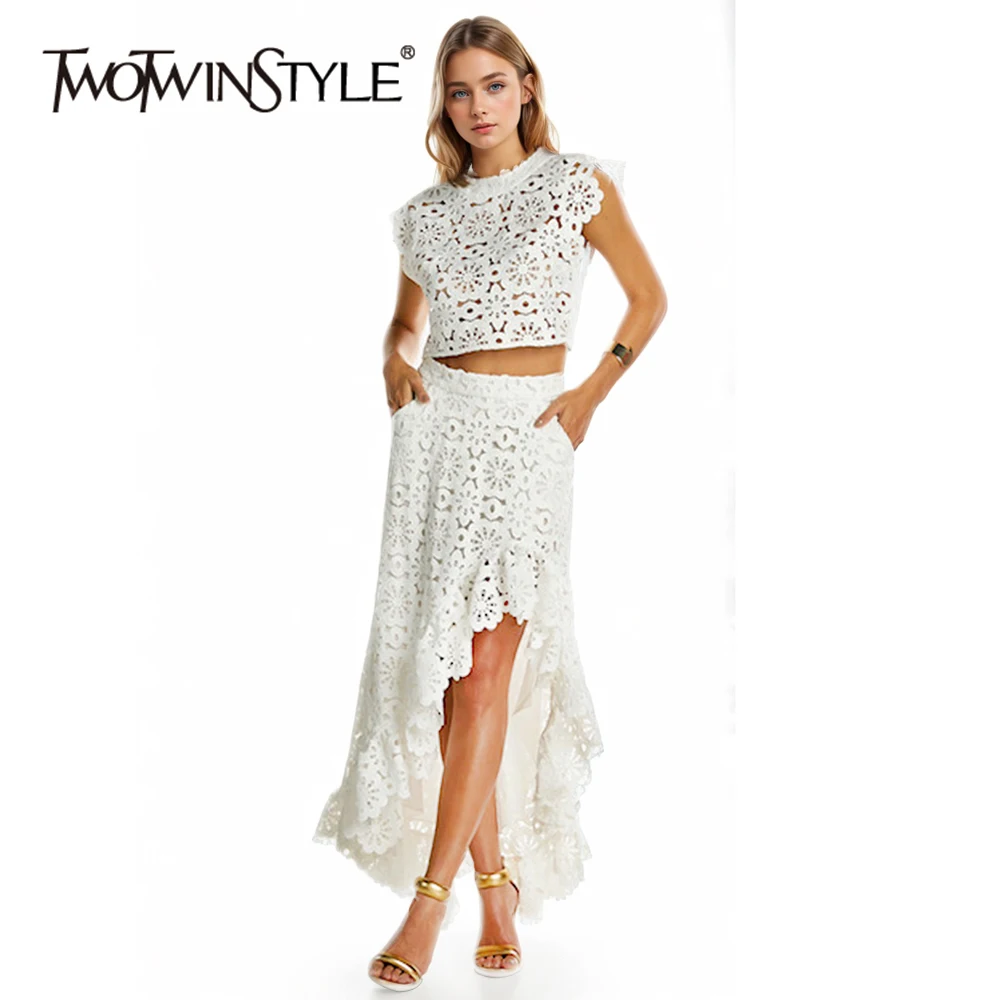 

TWOTWINSTYLE Solid Hollow Out Two Piece Set For Women Round Neck Sleeveless Top High Waist Irregular Skirts Elegant Sets Female