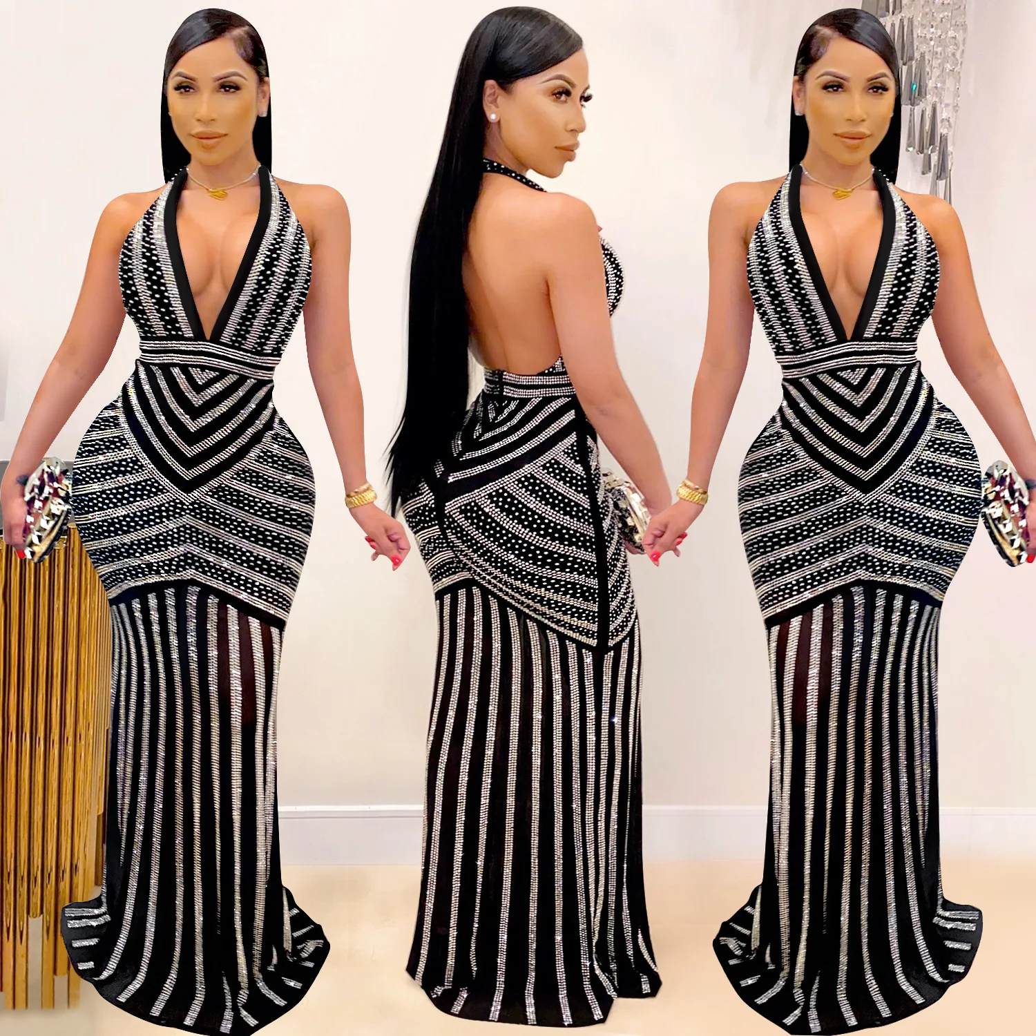 Nightclub Party Evening Club Dress Sexy Deep V Backless Hot Drilling See-Through Long Dress
Nightclub Party Evening Club Dress Sexy Deep V Backless Hot Drilling See-Through Long Dress