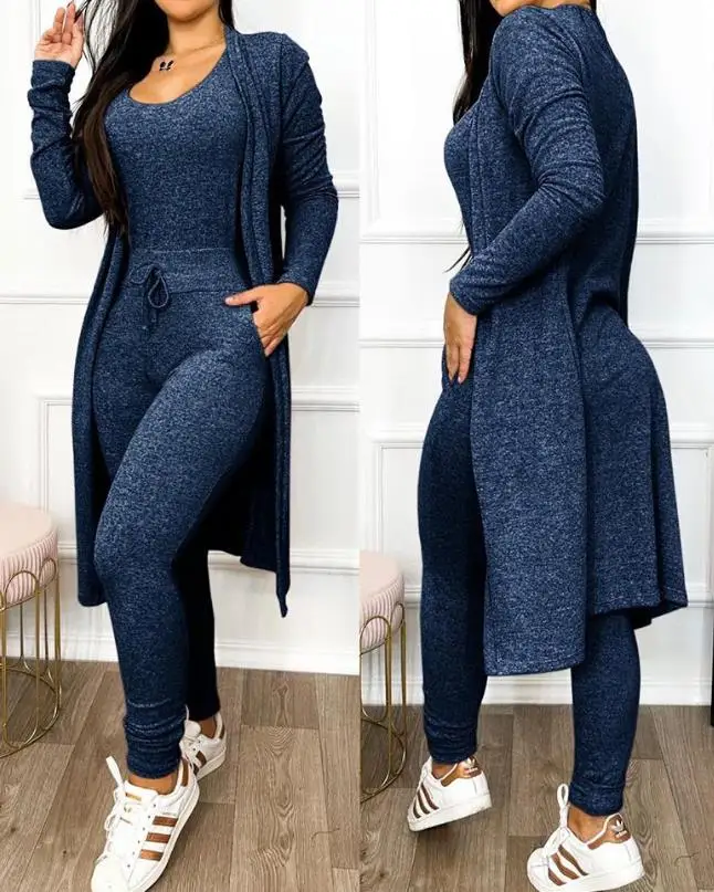 

Two Piece Set Women Outfit 2024 Drawstring Pocket Design High Waist Skinny Jumpsuit and Long Sleeve Cardigan Longline Coat Set