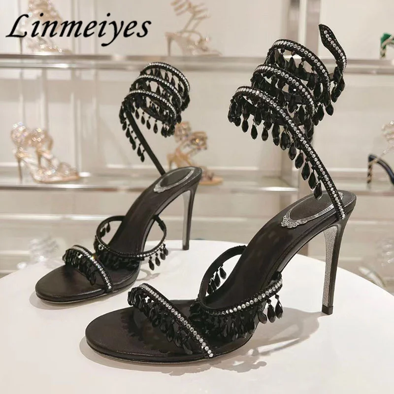 

Sexy High Heels Sandals Women Crystal String Bead Ankle Snake Twine Around Wedding Shoes Summer Stiletto Gladiator Sandals Woman