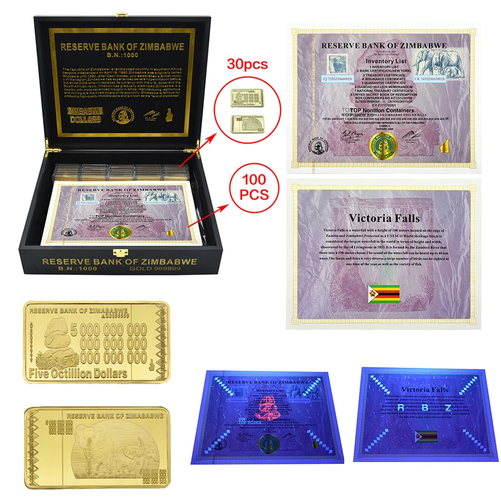 Large Zimbabwe Certificate Banknotes Top Nonillon Containers Paper Money With Five Octillion Dollars Gold Bar Fans Collection
Large Zimbabwe Certificate Banknotes Top Nonillon Containers Paper Money With Five Octillion Dollars Gold Bar Fans Collection