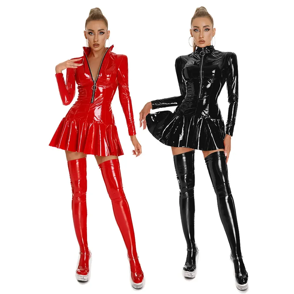 Women's Wet PVC Leather Tight Bodycon Mini Dress Latex Hollow Zipper Stand Up Collar A-Line Mini Pleated Skirt Latex Dresses
Women's Wet PVC Leather Tight Bodycon Mini Dress Latex Hollow Zipper Stand Up Collar A-Line Mini Pleated Skirt Latex Dresses