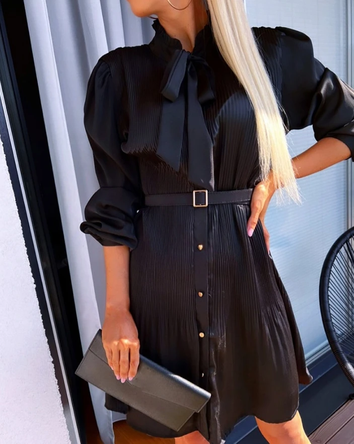 

2024 Women Dress Elegant Stand Collar Tie Neck Frill Hem Tied Detail Ruched Office Work Long Sleeve A Line Midi Dress With Belt