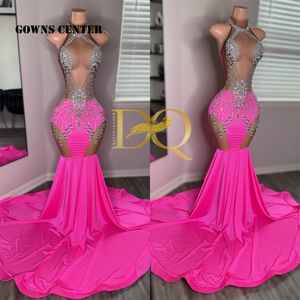 

Новинка, пикантные платья для выпускного вечера ярко-розового цвета с лямкой на шее, 2024, для черных девушек, свадебное платье на день рождения, блестящее Африканское женское платье для торжества
