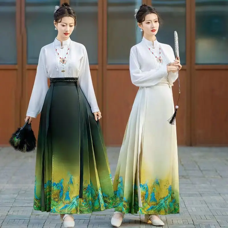 

Original Ming Dynasty Elegant Sling Robe Green Printed Horse Face Skirt Women's Hanfu New Chinese Clothes Daily Hanbok