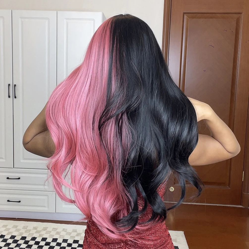 Pink and Black Long Wavy Synthetic Hair Wigs with Bangs Cosplay Christmas Halloween Hair Two Tone Wig For Women Heat Resistant Pink and Black Long Wavy Synthetic Hair Wigs with Bangs Cosplay Christmas Halloween Hair Two Tone Wig For Women Heat Resistant