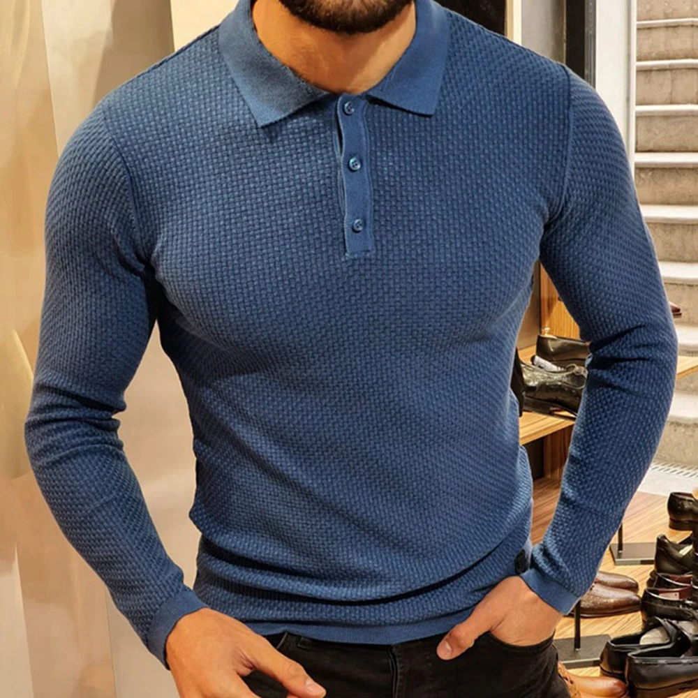 

Mens Casual Polo Shirt Solid Color Fashion Retro Henley Collar Long Sleeve Knitted Shirt 2024 Spring And Summer New Style