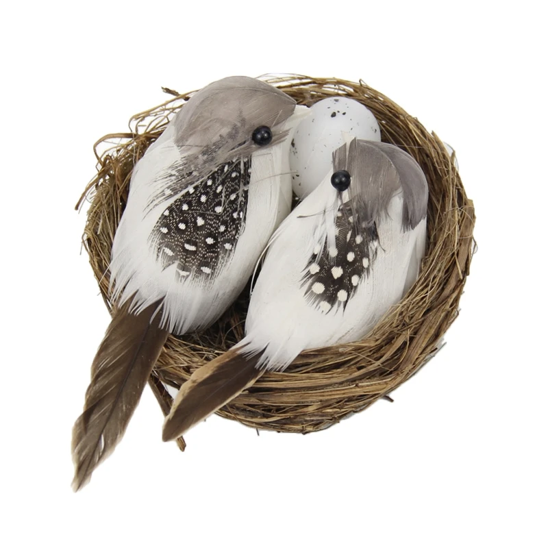 

Искусственные птицы, птичье гнездо и набор птичьих яиц, миниатюрный реалистичный орнамент R7UB