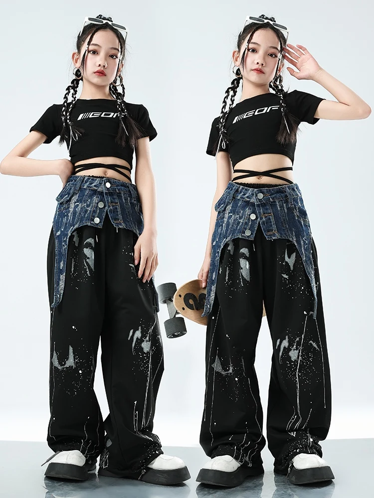 

Летняя одежда для девочек, костюм джаза, черные укороченные топы и брюки, Одежда для танцев в стиле хип-хоп, Детские сценические костюмы для выступлений в стиле K-POP BL12561