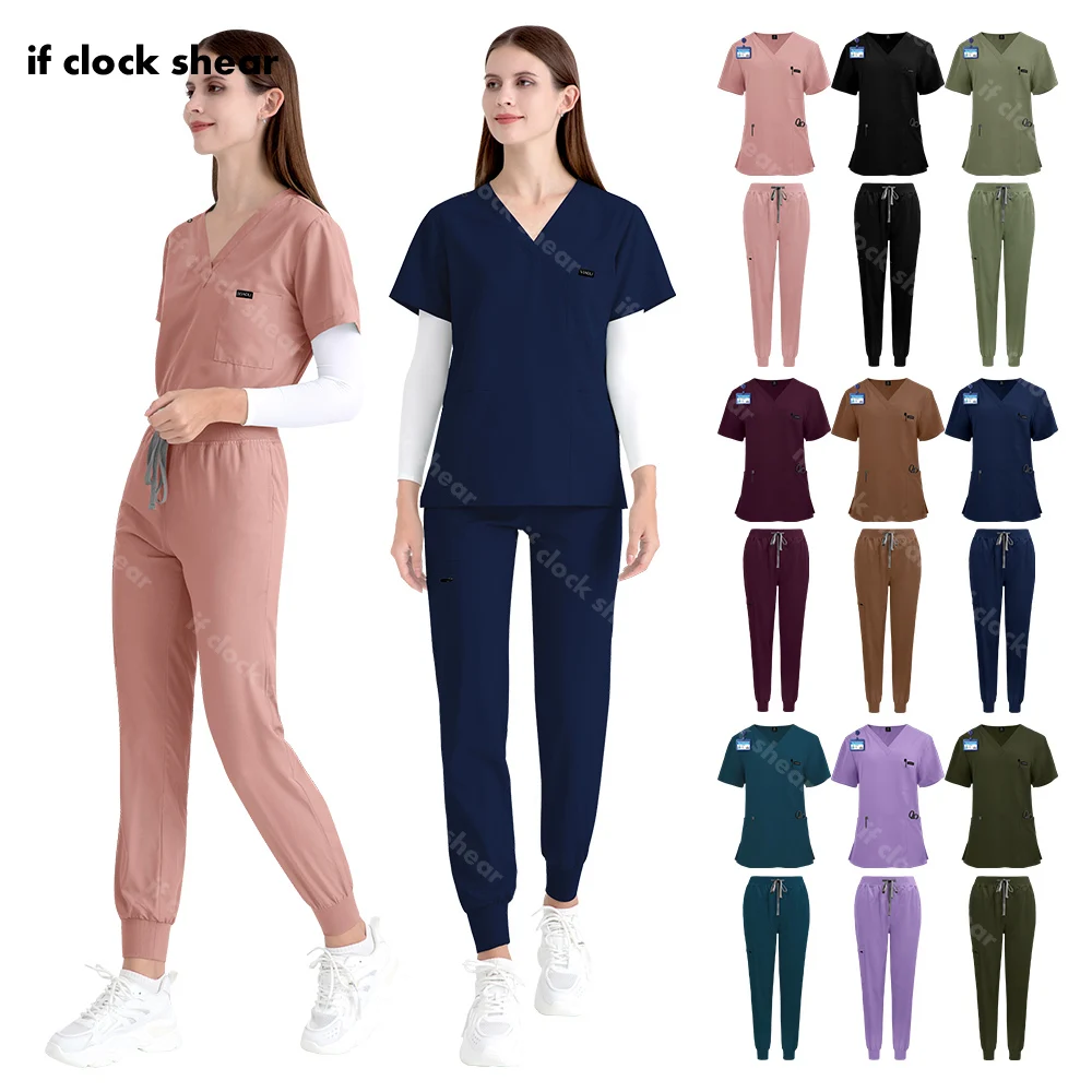 

Short Sleeve Tops Jogger Pant Medical Uniforms Women Elastic Scrubs Set Hospital Surgical Gowns Nurse Accessories Doctor CLothes