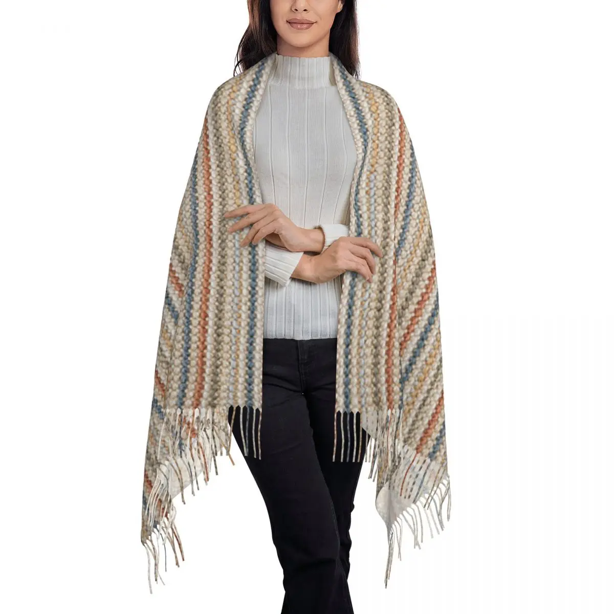 

Fashion Vintage Bohemian Geometric Stripes Tassel Scarf Women Winter Fall Warm Shawls Wraps Lady Luxury Fabric Texture Scarves